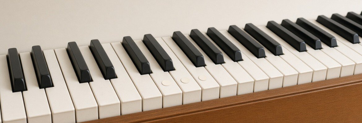 Piano keyboard with a few letter stickers near middle C