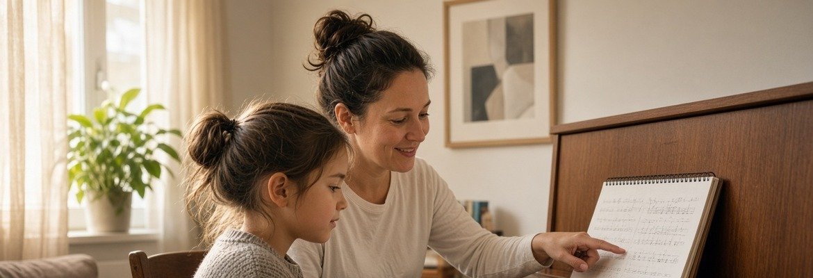 Parent sitting beside a child practicing piano at home, a notebook open on the music rack