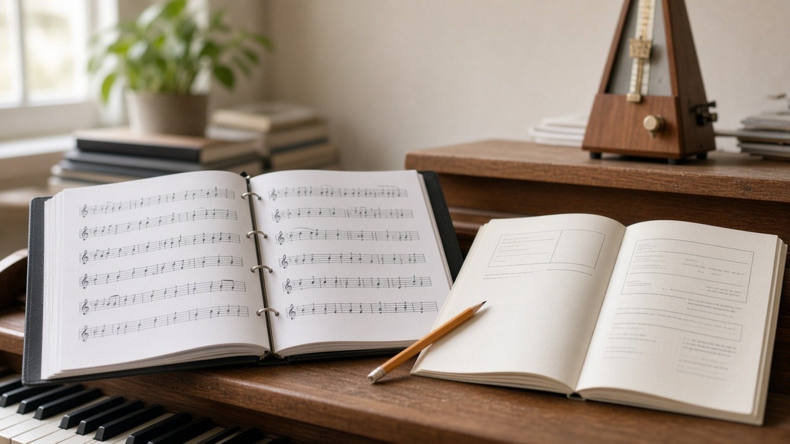 Exam-prep music binder and pencil on a piano music rack