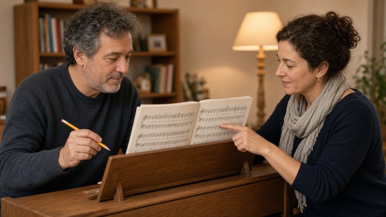 Adult beginner and piano teacher looking over sheet music together during a private lesson