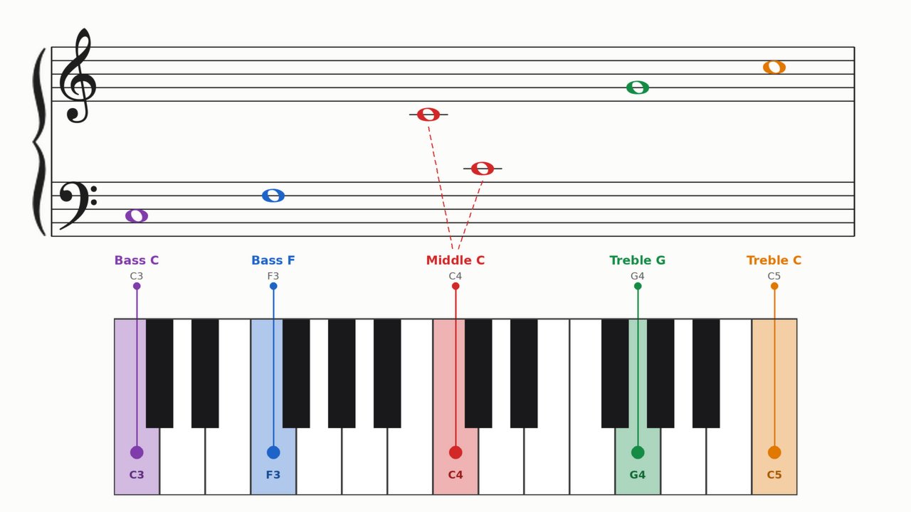 Grand staff diagram linking Bass C, Bass F, Middle C, Treble G, and Treble C to their piano keys