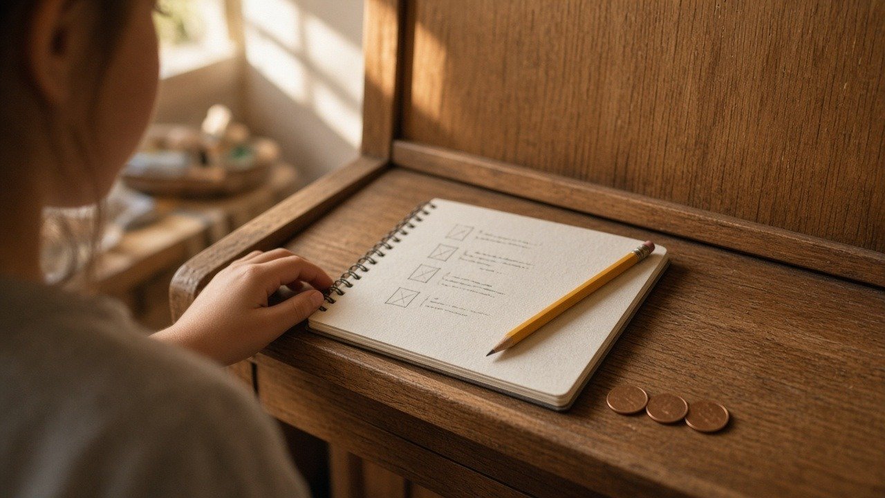 Practice notebook with a short checklist and three coins on a piano music rack