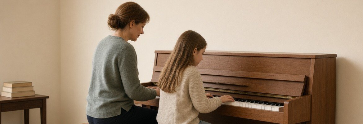 Teacher and child comparing beginner piano method books at the piano