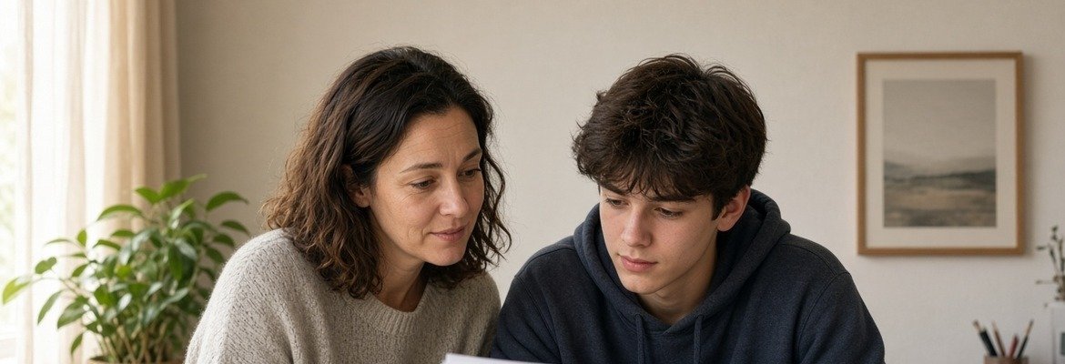 Piano teacher and teen student reviewing music during an exam-prep lesson