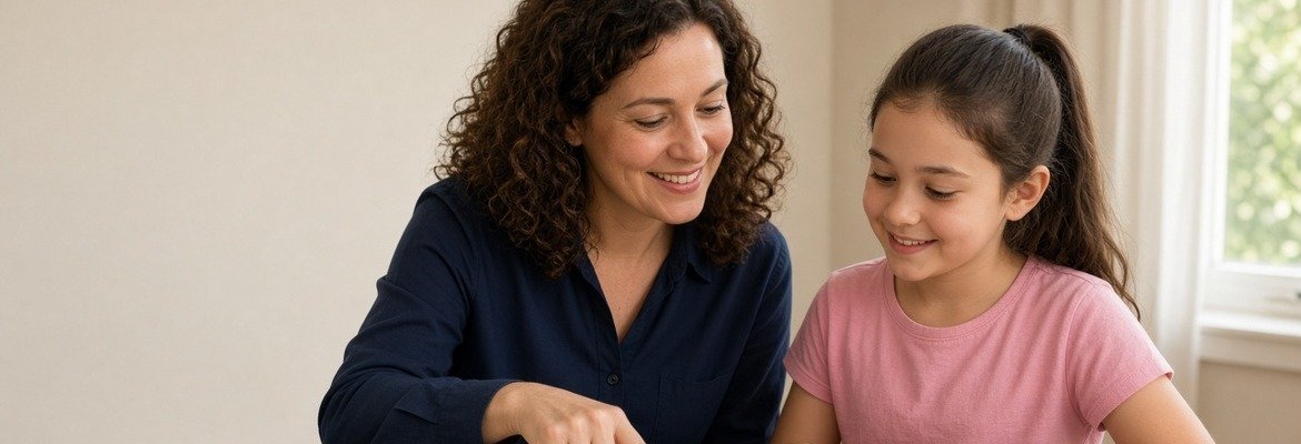 Piano teacher and student looking at sheet music during a home studio lesson