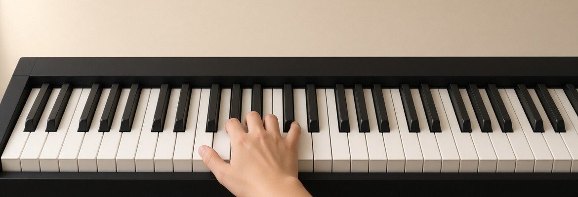 Beginner hands in five-finger position near middle C on a digital piano