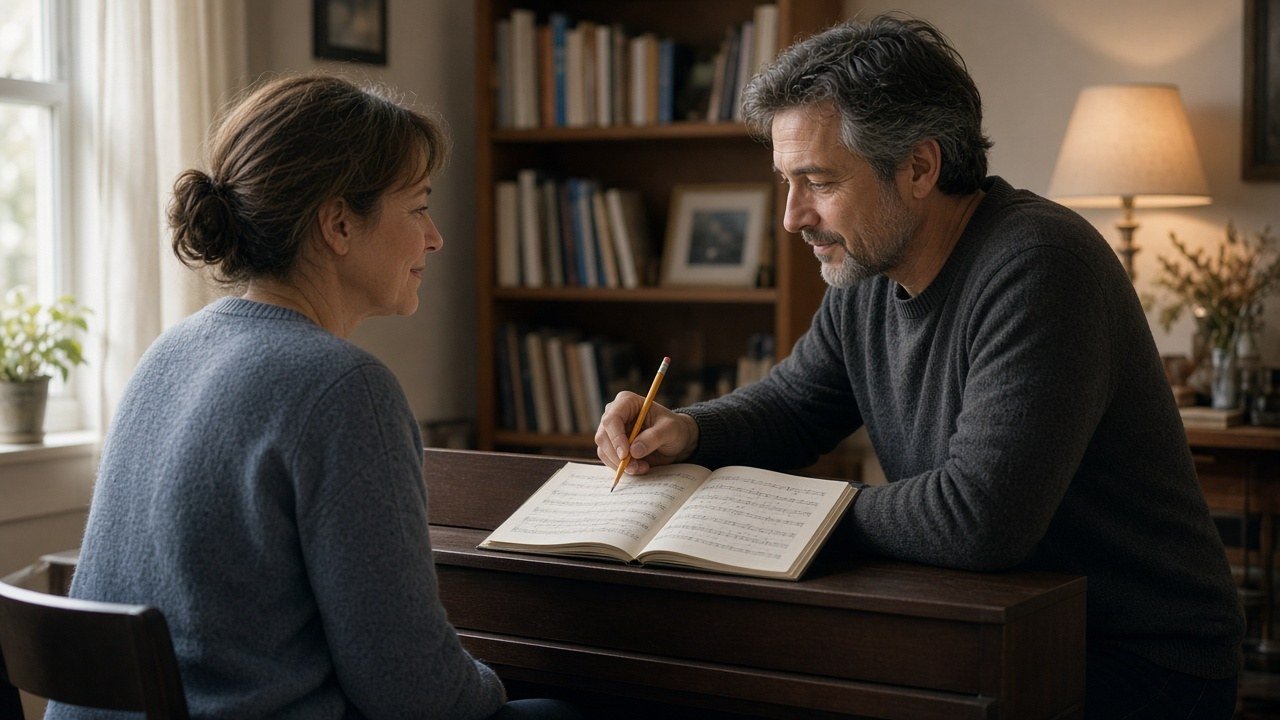 Adult piano student talking through a passage with her teacher