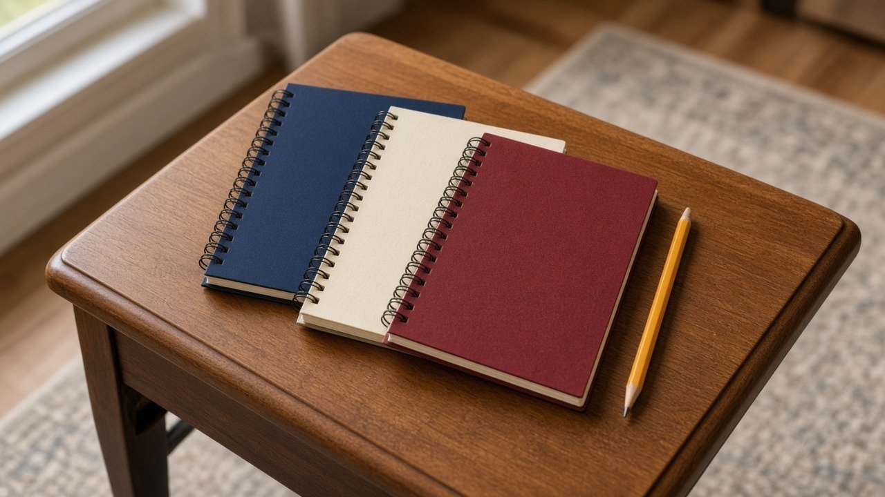 Three plain, unbranded piano method books on a piano bench, ready to compare