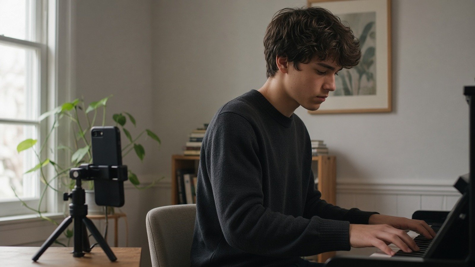 High-school pianist recording a practice take for a college piano audition