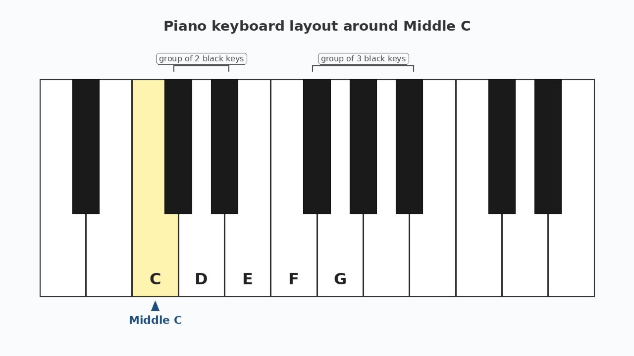 Piano keyboard diagram showing middle C left of two black keys and the two- and three-black-key groups