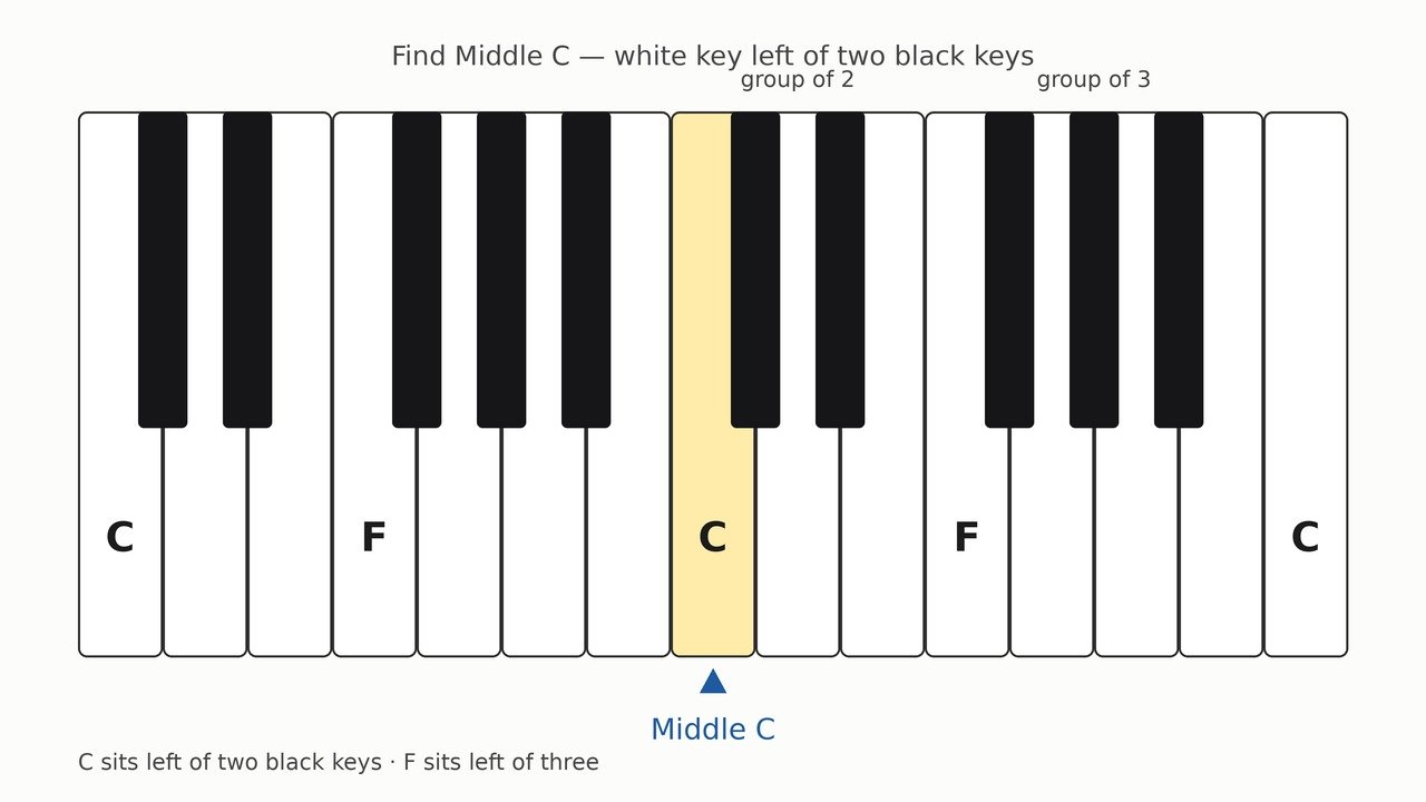 Piano keyboard diagram with Middle C highlighted left of two black keys and groups of two and three