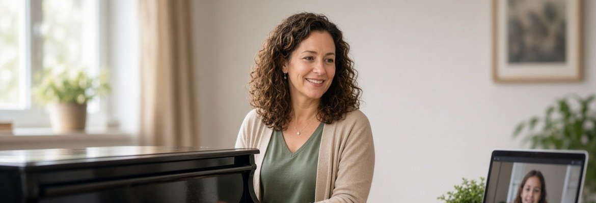 Piano teacher giving an online lesson from a home studio with laptop beside the piano.
