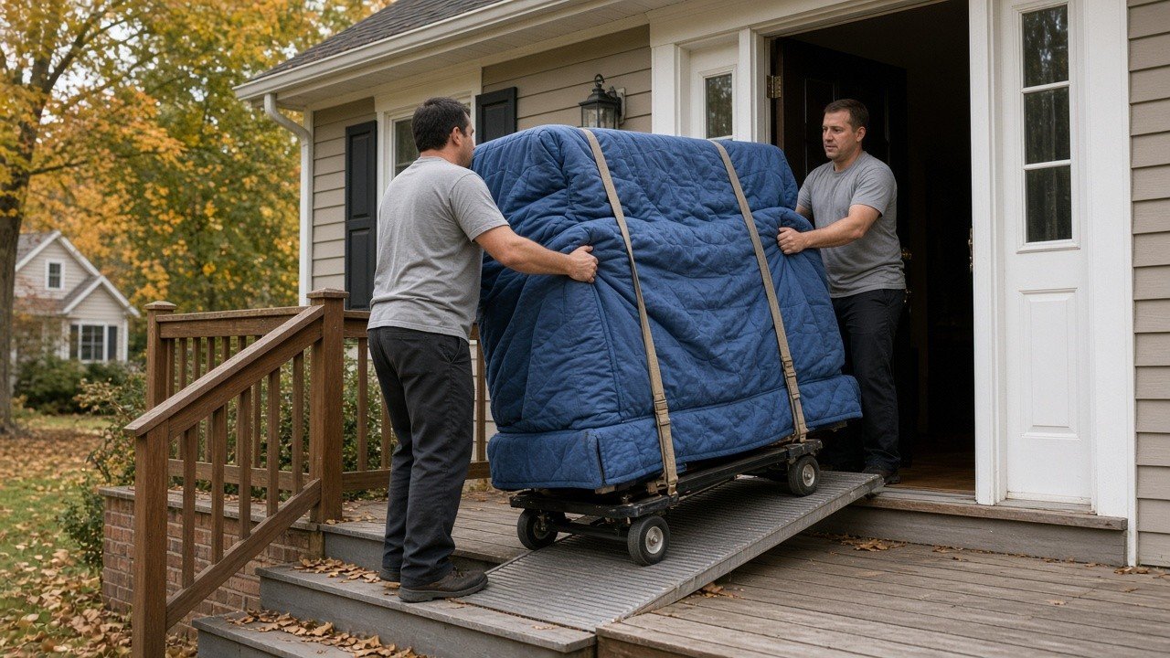 Two movers wheeling a blanket-wrapped upright piano up a ramp into a house