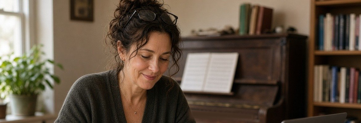 Piano teacher planning her teaching schedule at home beside an upright piano