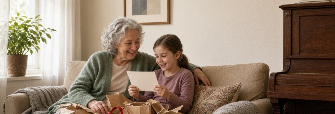 Child opening a piano lesson gift note from a grandparent beside an upright piano