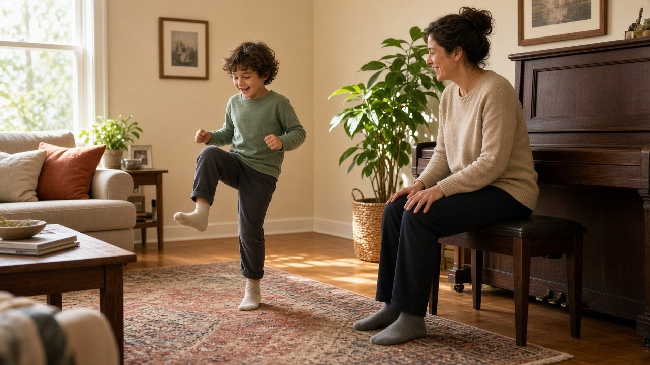 Child marching to the beat while a parent watches beside the piano
