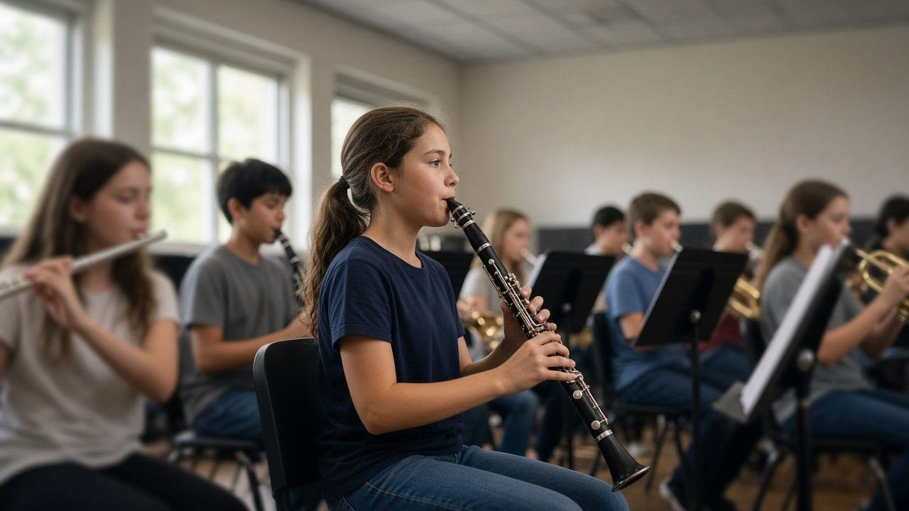 Middle school band rehearsal with a student playing clarinet in the front row