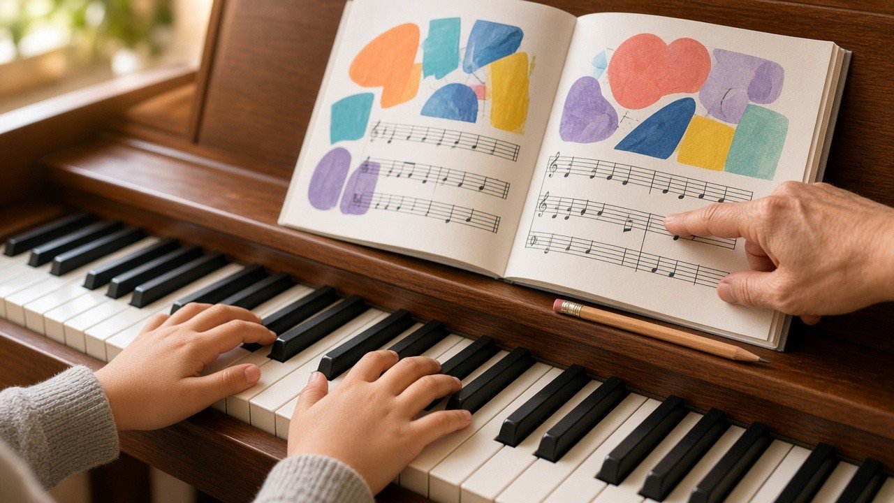 Beginner piano student playing in a five-finger position while a teacher points to the lesson page