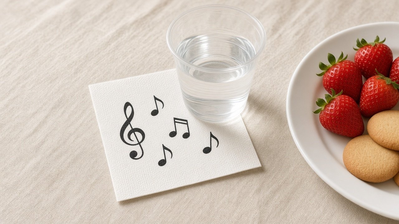 Small music-note napkin under a cup beside a plate of fruit