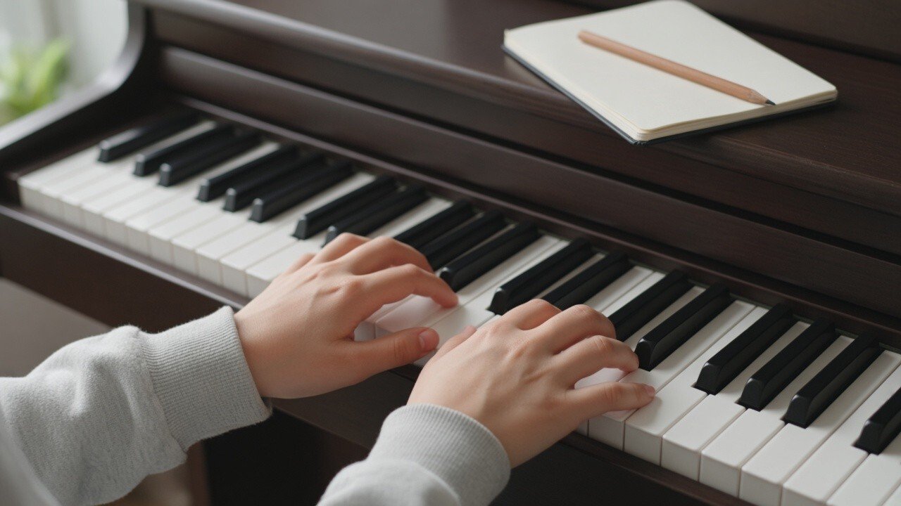 Piano student hands practicing a major scale with a practice notebook beside the keyboard