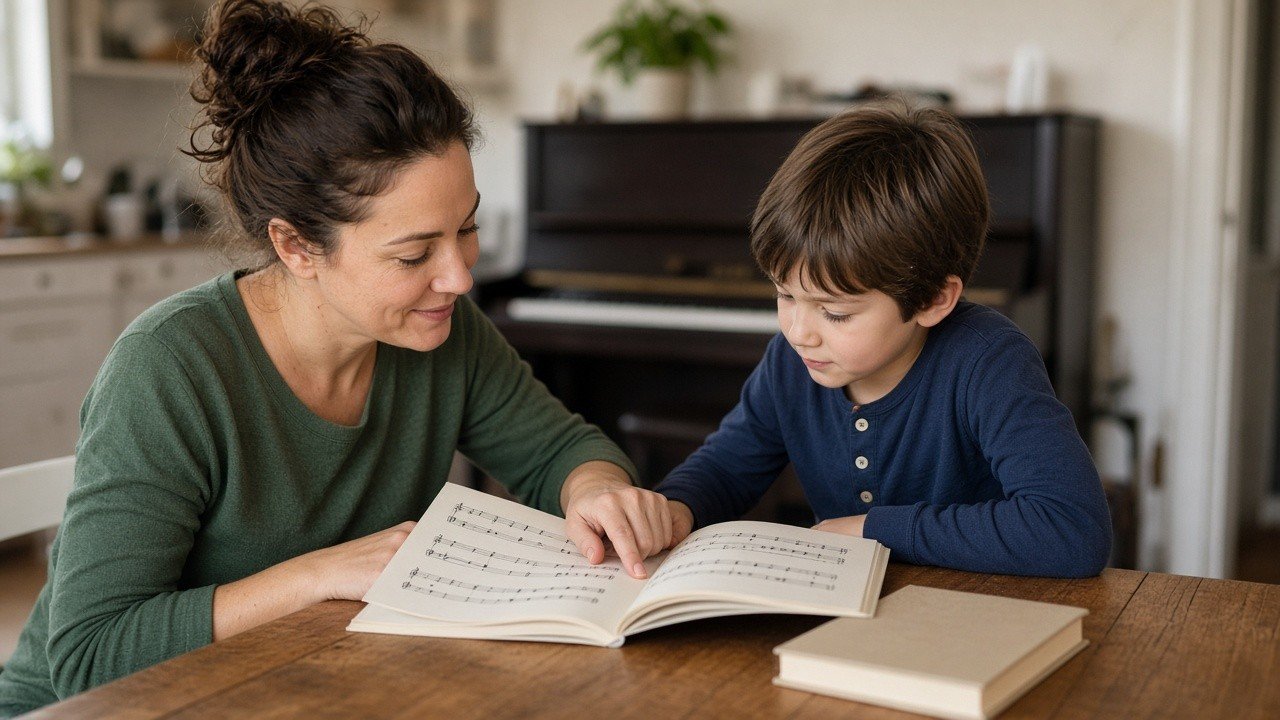 Parent and child looking through beginner piano method books before a lesson