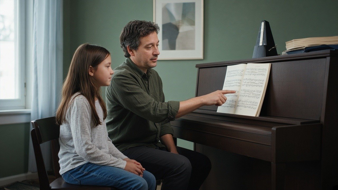 Piano teacher pointing to the music during a one-on-one lesson with a young student