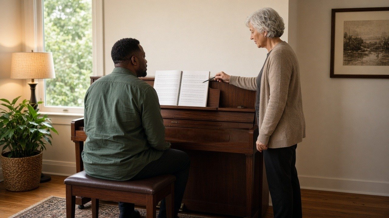 Piano teacher helping an adult student with a method book at an upright piano