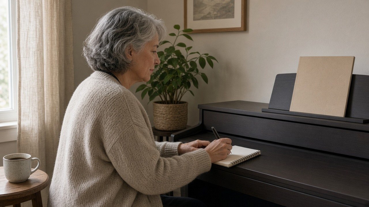 Adult beginner writing a short practice plan beside a digital piano
