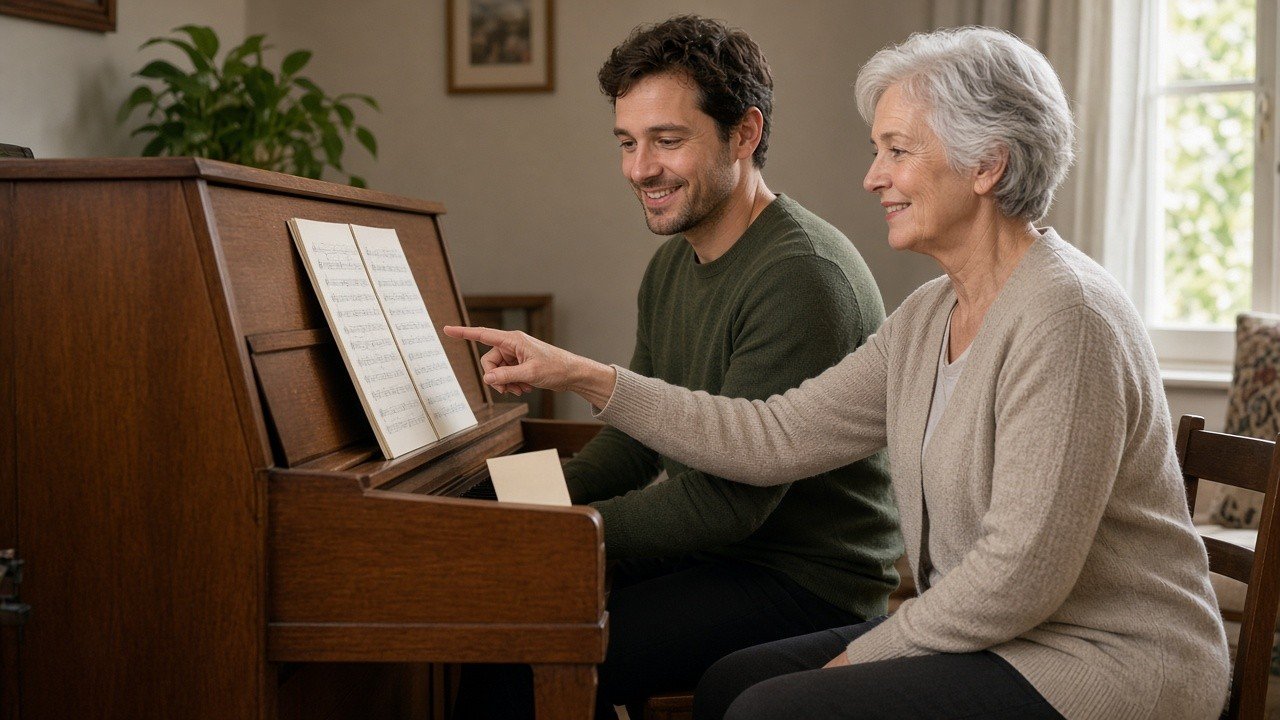 Adult beginner at a first piano lesson with a teacher