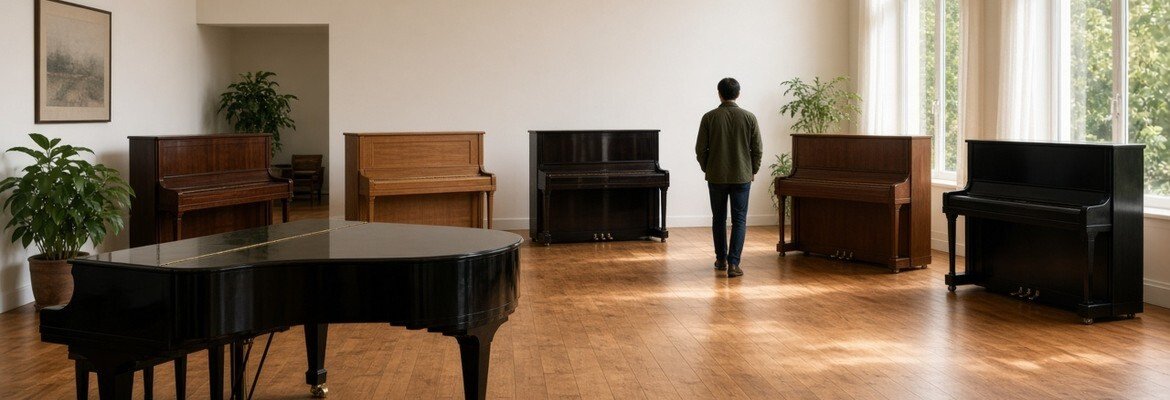 Upright pianos and a grand piano in a bright showroom
