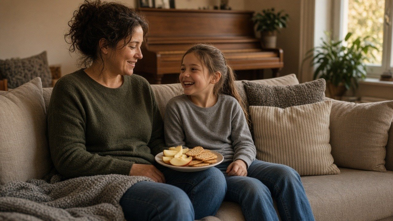 Parent and child taking a snack break on the couch near a closed piano