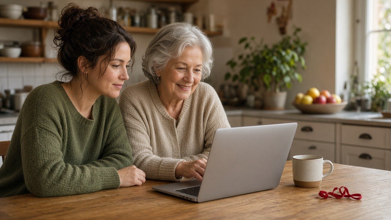 Adult daughter and her mother looking for a piano teacher together on a laptop