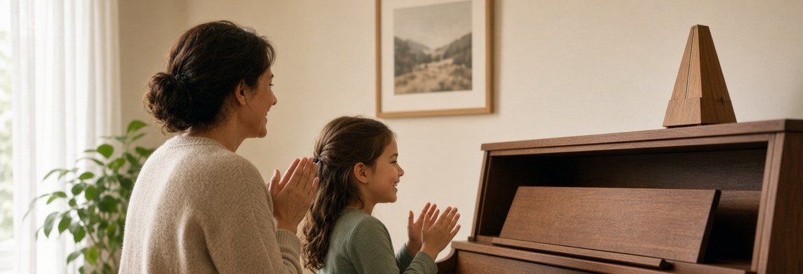 Parent and child clapping a steady beat beside an upright piano with a wooden metronome
