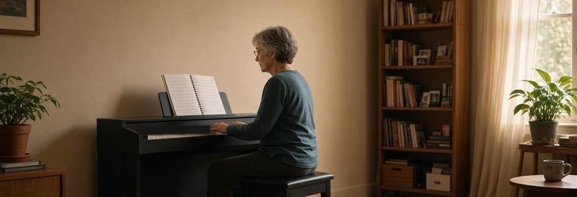 Adult beginner practicing from a spiral-bound piano method book at a digital piano