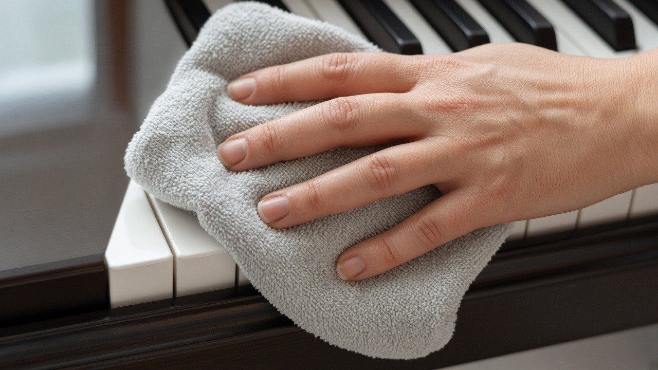 Hand wiping piano keys with a soft grey cloth