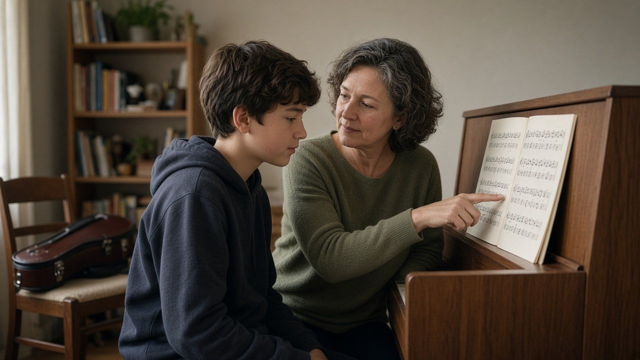 Piano teacher pointing at the score with a student who also plays violin