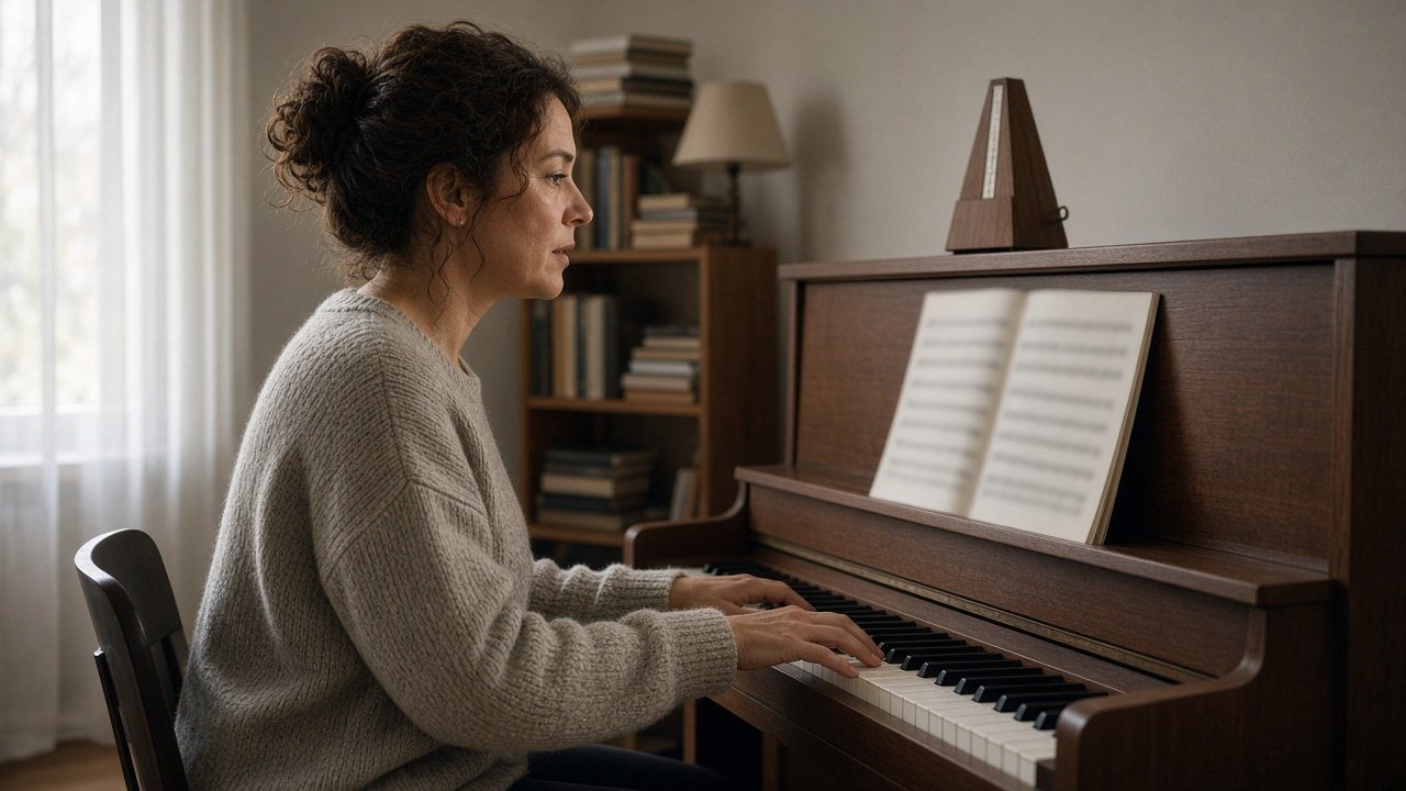 Adult piano student practicing at an upright piano with a metronome on top