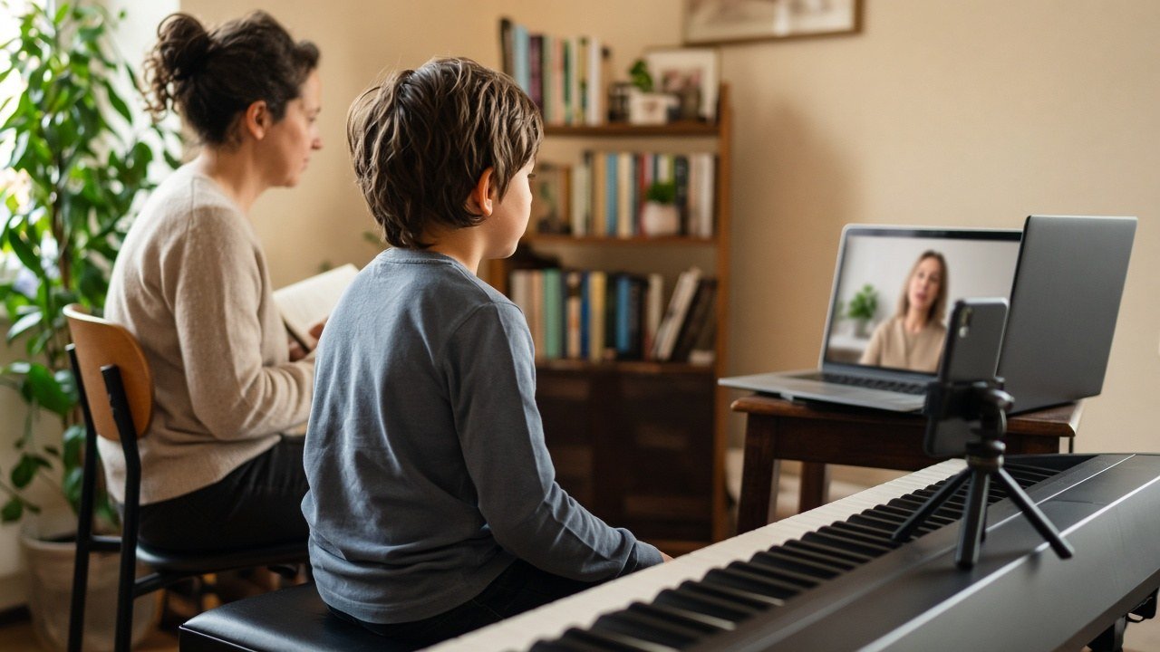 Child taking an online piano lesson with a second camera on the hands and a parent sitting in