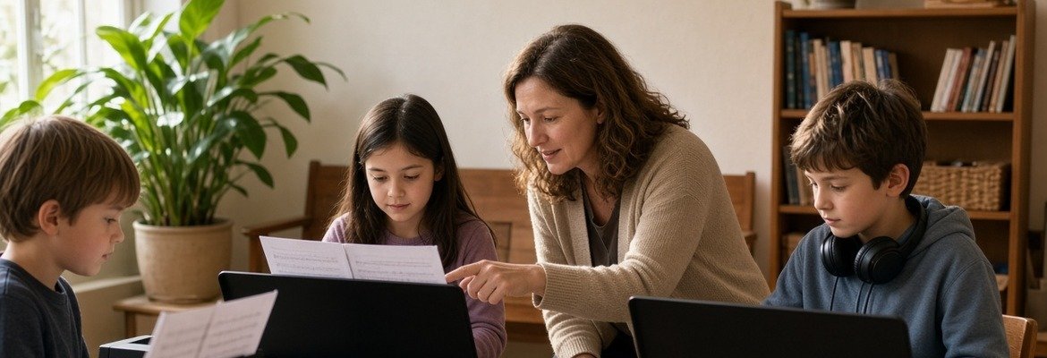 Piano teacher pointing to one child's sheet music during a small group piano class