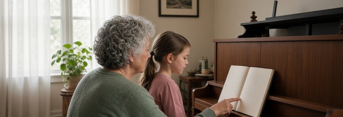 Grandmother helping her grandchild follow piano practice notes at home