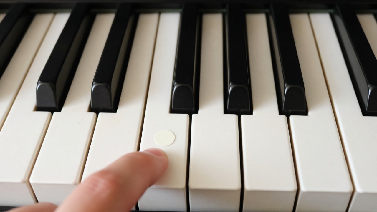 Finger on the front of a white key, with a small sticker near the black keys