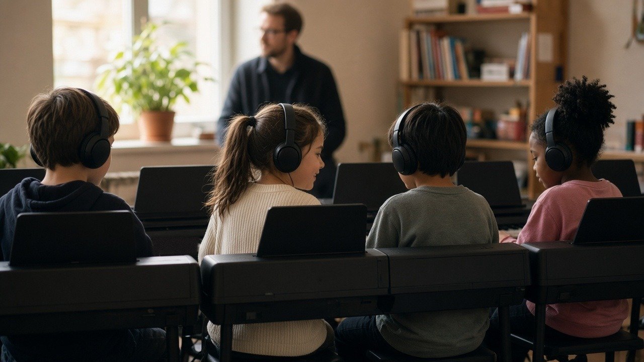 Small group of children wearing headphones practicing at digital keyboards in a bright music room