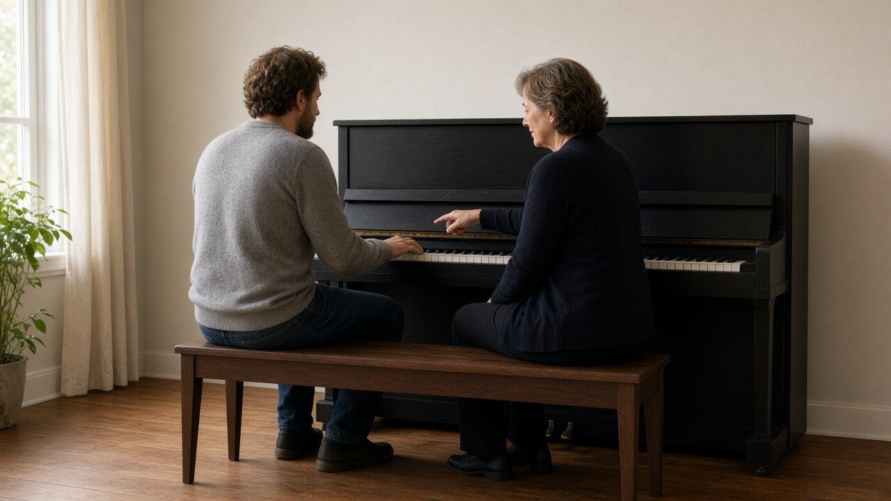 Piano teacher guiding an adult beginner during a lesson