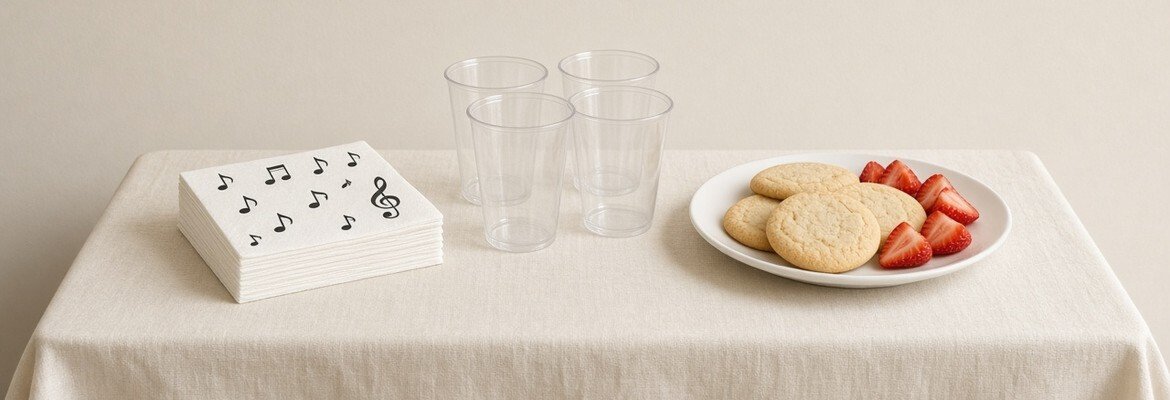 Reception table with cups, fruit, and a small stack of music-note napkins