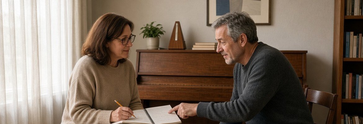 Adult beginner talking through a piano lesson plan with a teacher