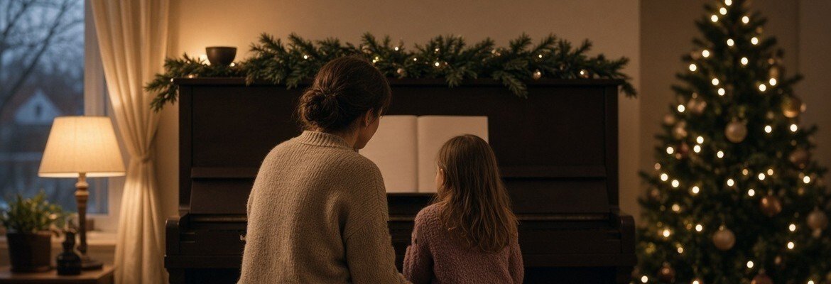 Parent and child playing a carol together at a home piano in a cozy living room at Christmastime