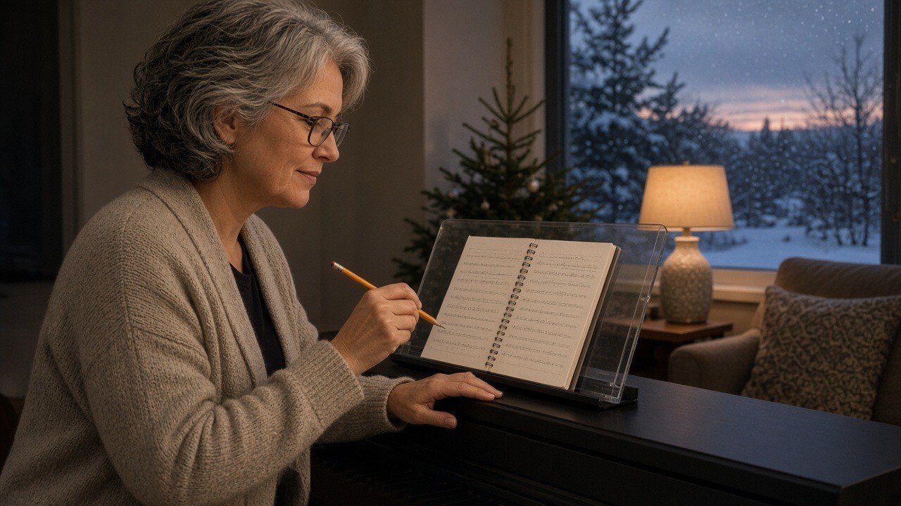 Adult beginner making practice notes at a digital piano on a winter evening