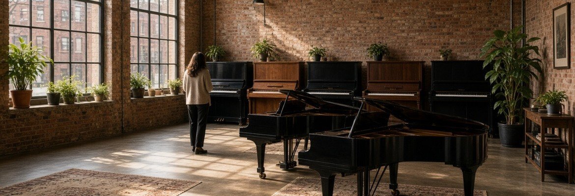 Upright pianos and two grand pianos in a sunny brick-walled piano showroom