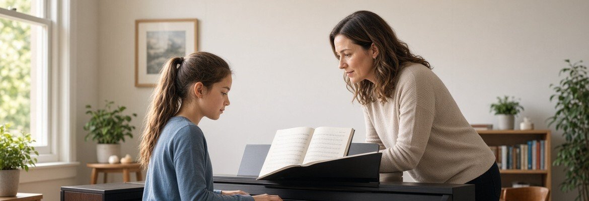 Intermediate piano student practicing major scales from a lesson book with a teacher nearby