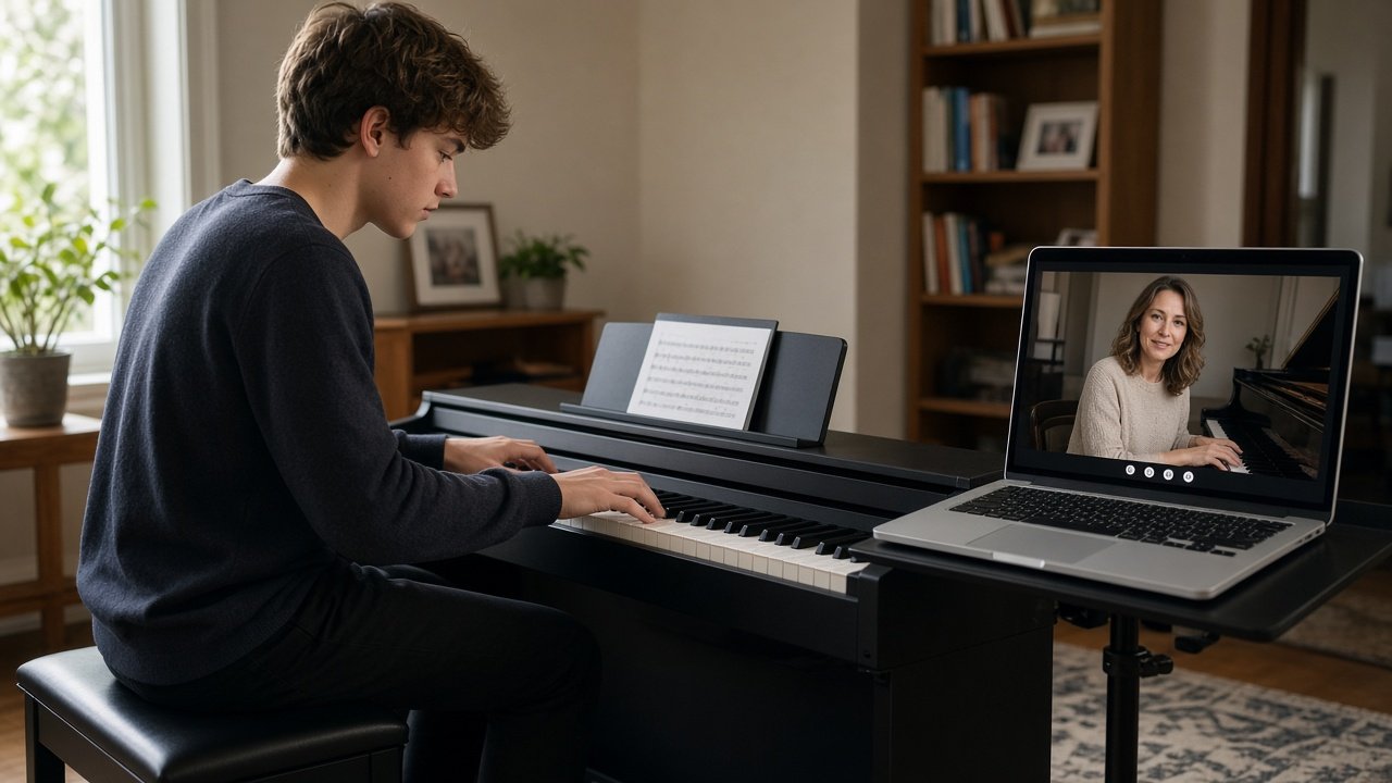 Student practicing piano at home during an online lesson with teacher visible on a laptop screen